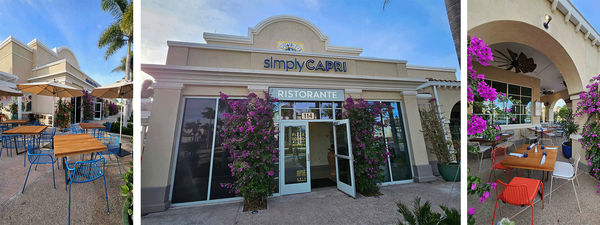 front of simply capri restaurant with images of outdoor seating